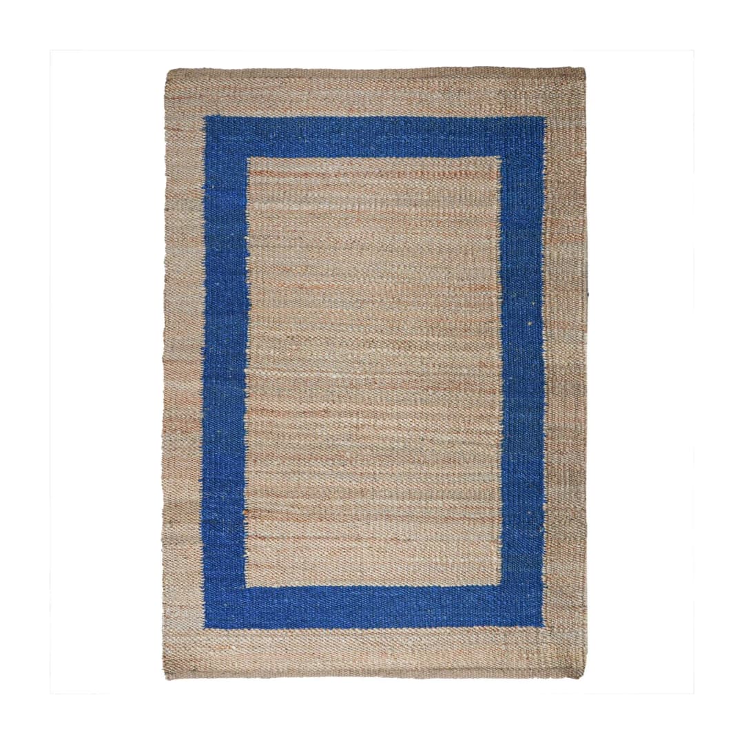 Indian Handmade Rectangle Beige Jute Hemp Rug with Blue Border Boho Decor Hemp Jute Carpet Hallway Decor Hemp Jute Rectangle Hemp For Farmhouse Decor Rug Living Home 