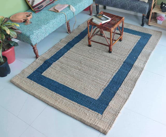 Indian Handmade Rectangle Beige Jute Hemp Rug with Blue Border Boho Decor Hemp Jute Carpet Hallway Decor Hemp Jute Rectangle Hemp For Farmhouse Decor Rug Living Home 