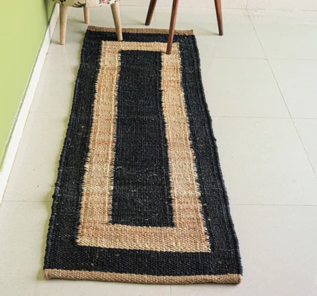 Indian Handloomed Black With Beige Border Jute Hemp Runner Rug Bohemian Hemp Runner Hemp For Bedroom Decor Hemp For Yoga Lovely Home Decor Hemp Rug For Living Home Rug