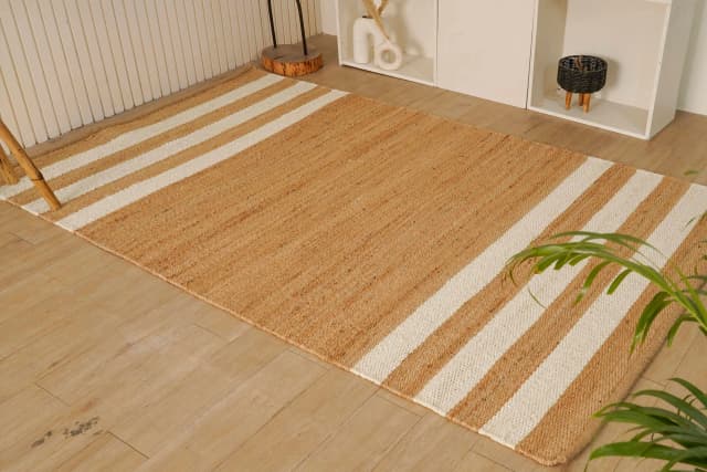 Inadian Handmade Natural Hemp Jute Rug With White Stripes Line Decor Rug Vintage Large Jute Rug Decorative Hemp Jute Rug Traditional Rug Custom Size hemp Rug For Living Room 