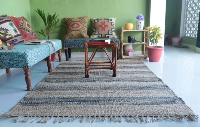 Hand Weaving Beige And Blue Color Rectangle Rug Vintage Hemp Jute Rug For Living Room Decor Rug Decorating Runner Interier Style making Hallway 