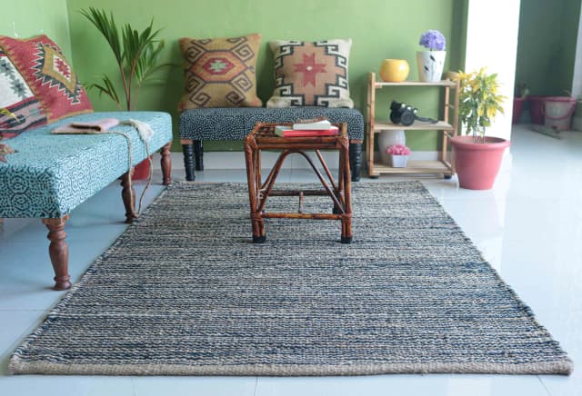 Decorating Rectangle Rug Interier Style making Hallway Hand Weaving Beige And Blue Color Rectangle Rug Vintage Hemp Jute Rug For Living Room Decor Rug