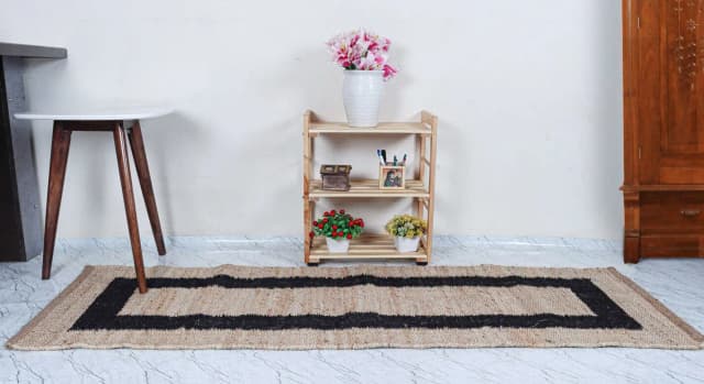 Hand Crafted Decorating Runner Rug Beige With Black Border Rug Vintage Hemp Jute Rug For Living Room and Kichan Decor Rug Lagre Area Runner Rug