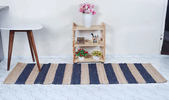 Hand Crafted Home Decor Hamp Jute Runner Rug Beige With Nevy Blue Stripes Line Rug For Living Room and Kichan Decor Rug Large Area Vintage Rug  