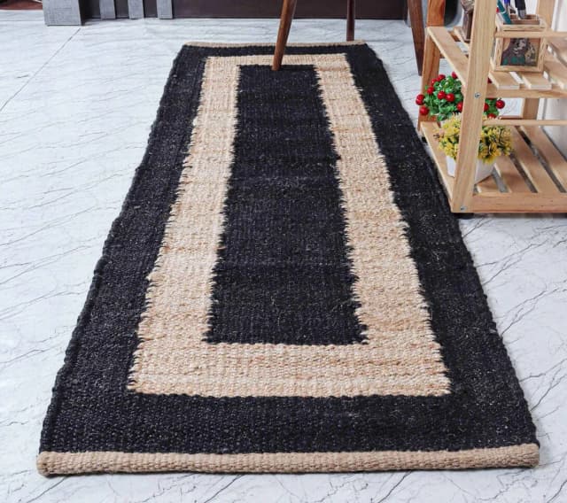 Vintage Hand Crafted Black With Beige Border Hemp Jute Runner Rug Home Decorative Rug for Living Room and Kichan Decor Large Area Jute Rug Bohemian Jute Dhurrie 
