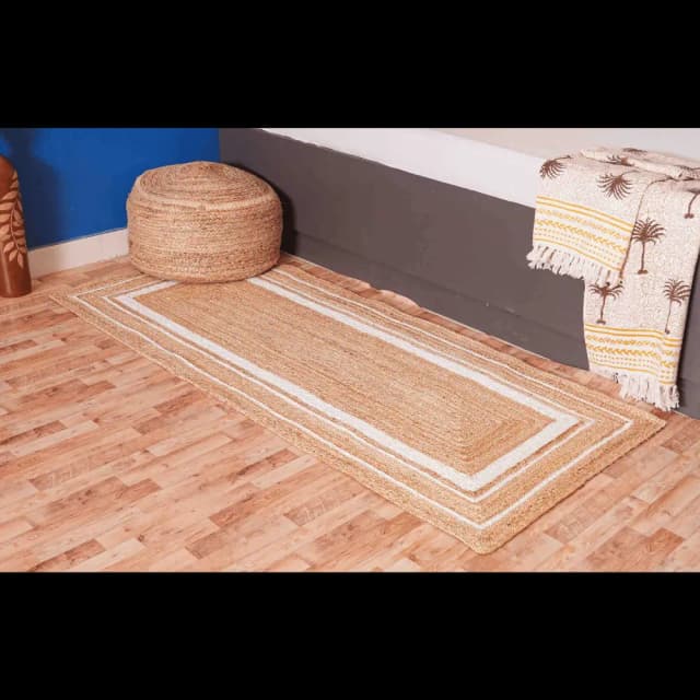 Natural Jute Runner Rug With White Triple Line Border 