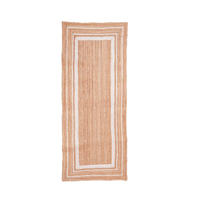 Natural Jute Runner Rug With White Triple Line Border 