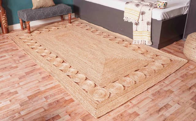 Indian Hand Braided Jute Rectangle Rug Beige Scalloped Rug For Living Room And Kitchan Decor Rug Home Decorative Rug Bohemian Jute Rug Large Area Dhurrie Rug Vintage Rug  