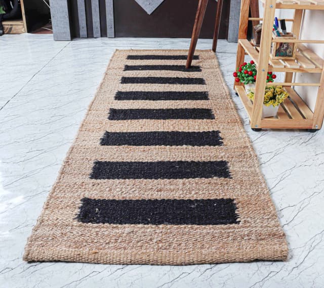 Indian Hand Crafted Hemp Jute Runner Rug Beige And Black Color With Stripes Large Area Jute Rug For Living Room Home Decor Rug Vintage Rug 