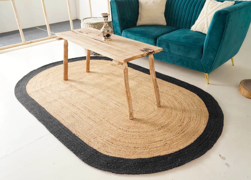 Eco Friendly Hand Braided Oval Jute Rug Beige With Multicolor Boder 
