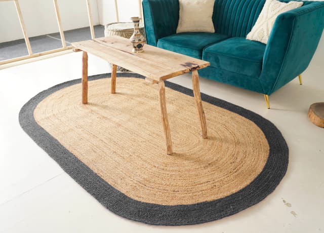 Indian Handmade Braided Oval Jute Rug Beige With Grey Border 