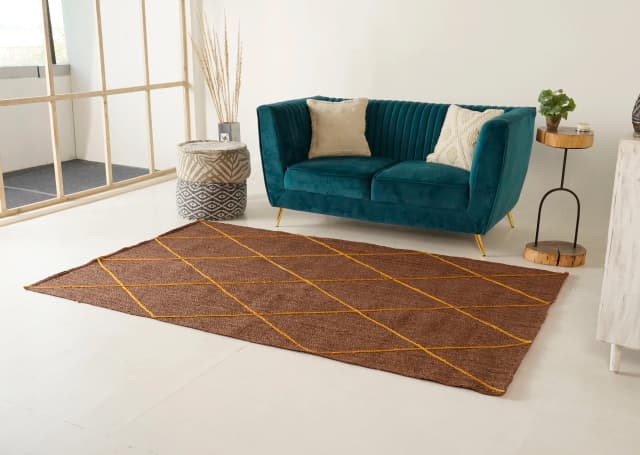 Custom Size Hand Braided Rectangle Shape Jute Rug Brown With Yellow Diamond Design Rug Large Area Jue Rug Home Decorative Jute Rug 