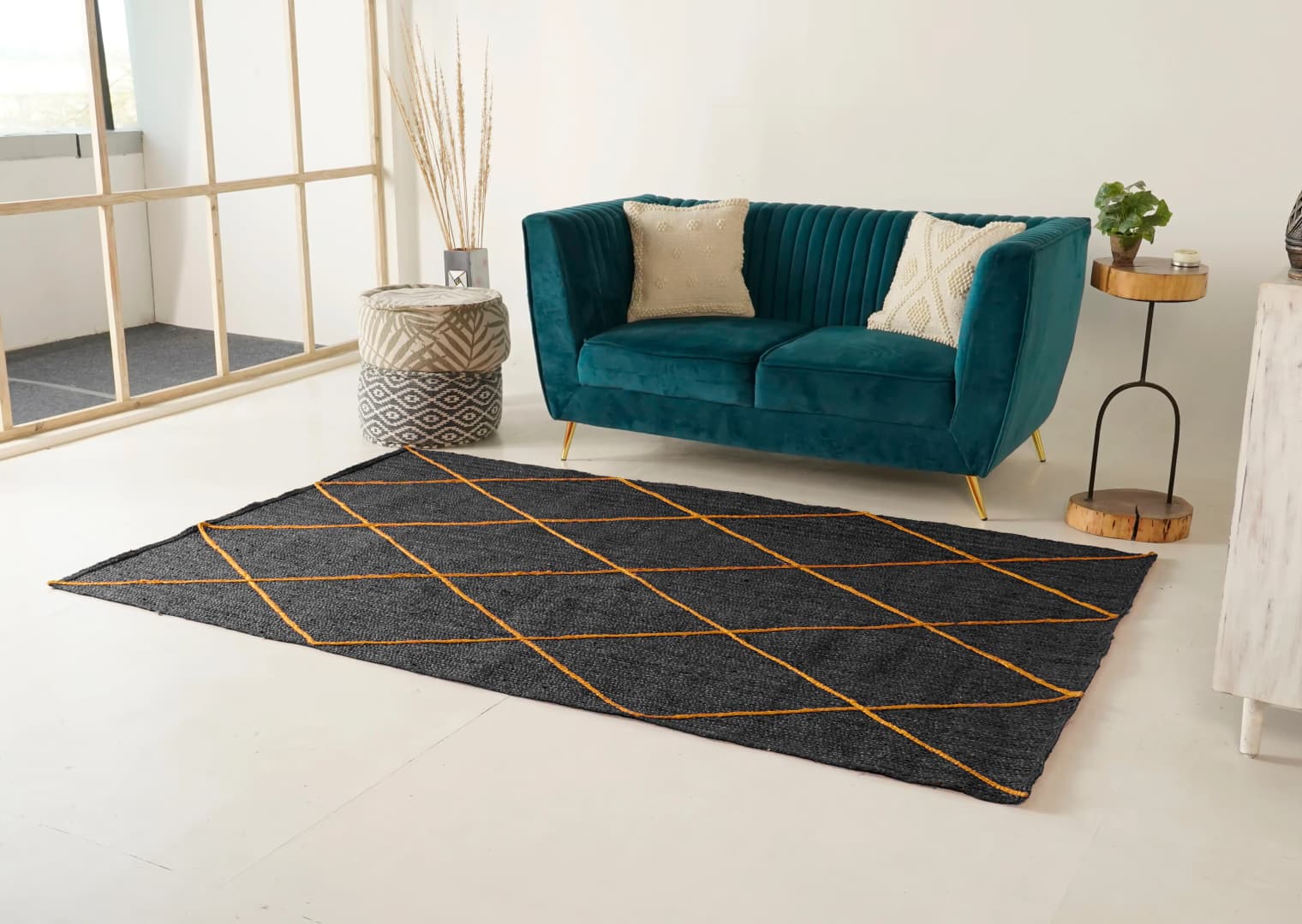 Hand Braided Ractangle Jute Rug Multicolor With Yellow Diamond Design