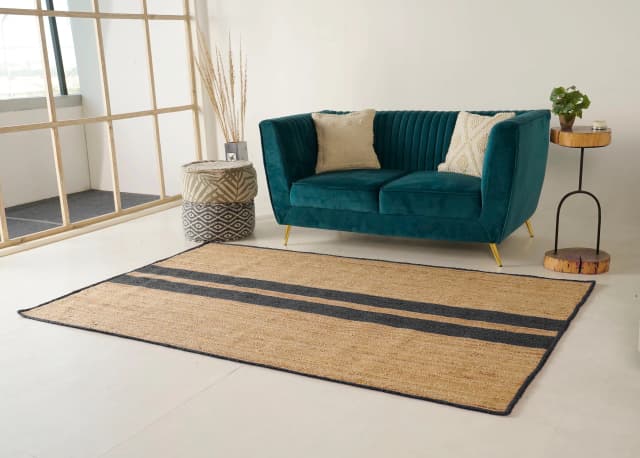 Hand Braided Ractangle Jute Rug Beige With Grey Stripes 