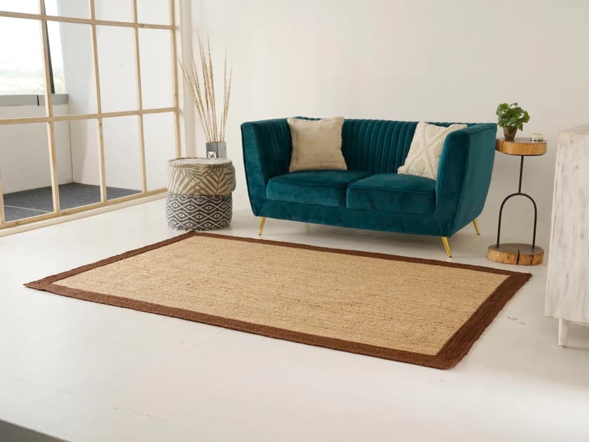 Indian Hand Braided Rectangle Jute Rug Beige With Brown Border