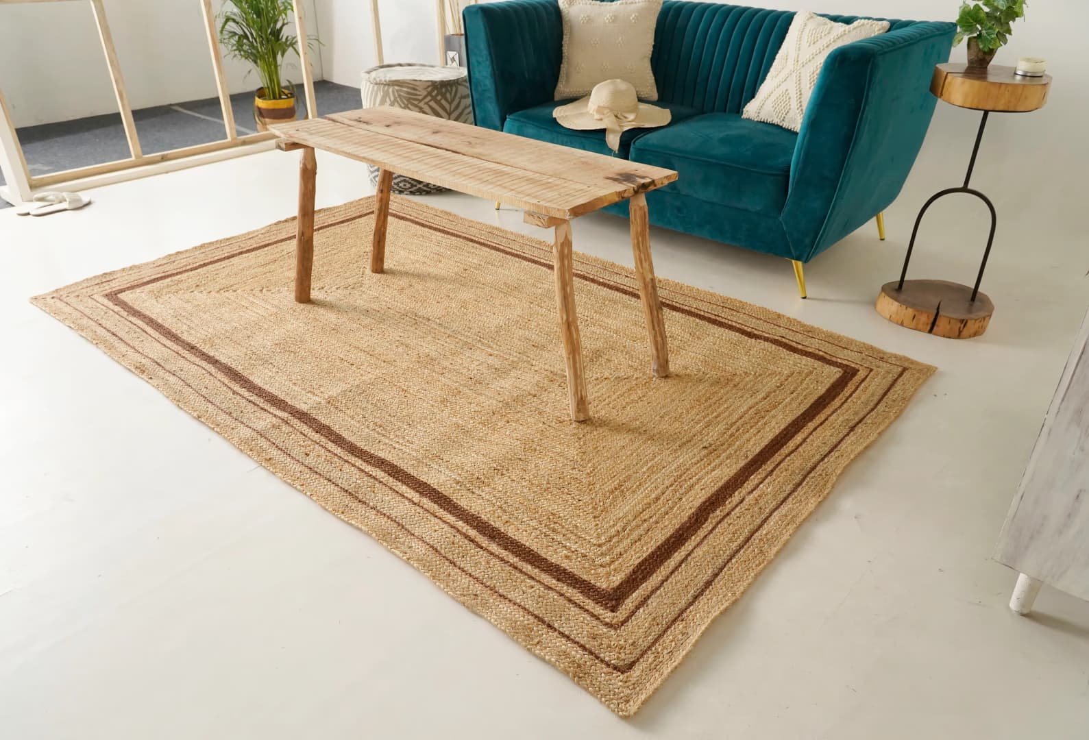 Hand Braided Rectangle Jute Rug Beige With Brown Triple Line Border Rug