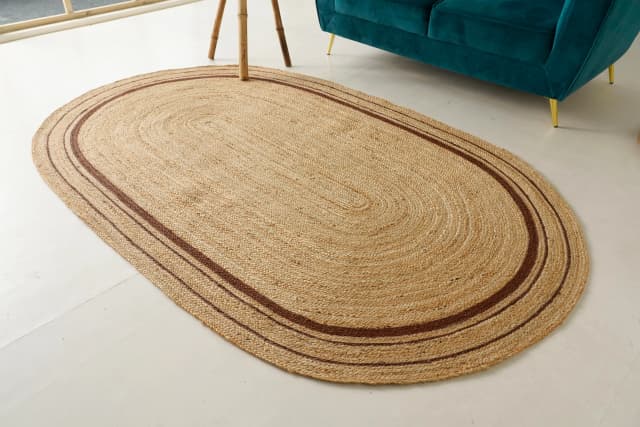 Traditional Hand Braided Natural Oval Jute Rug With Triple Line Multicolor Boder 