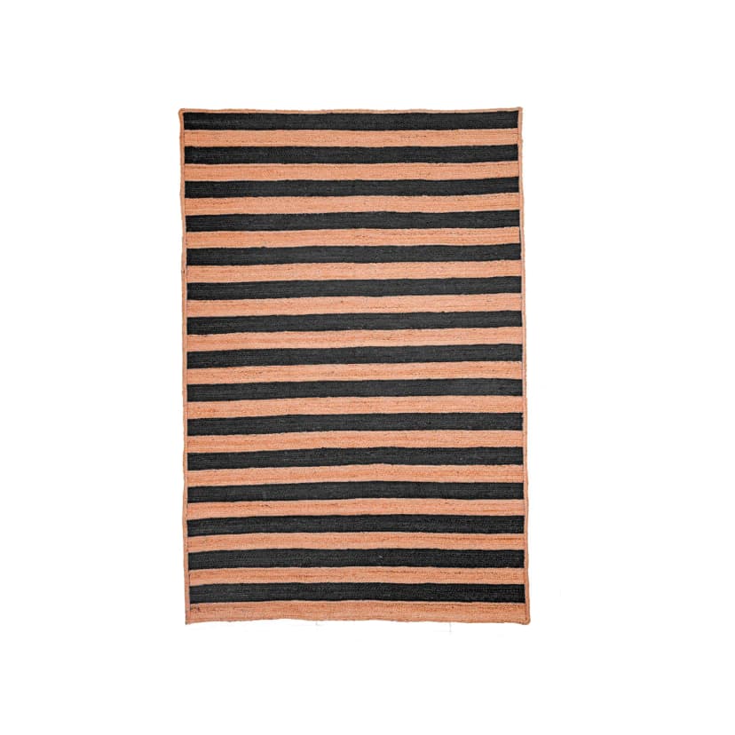 Hand Braided Ractangle Jute Rug Beige With Multicolor Strips Line Design
