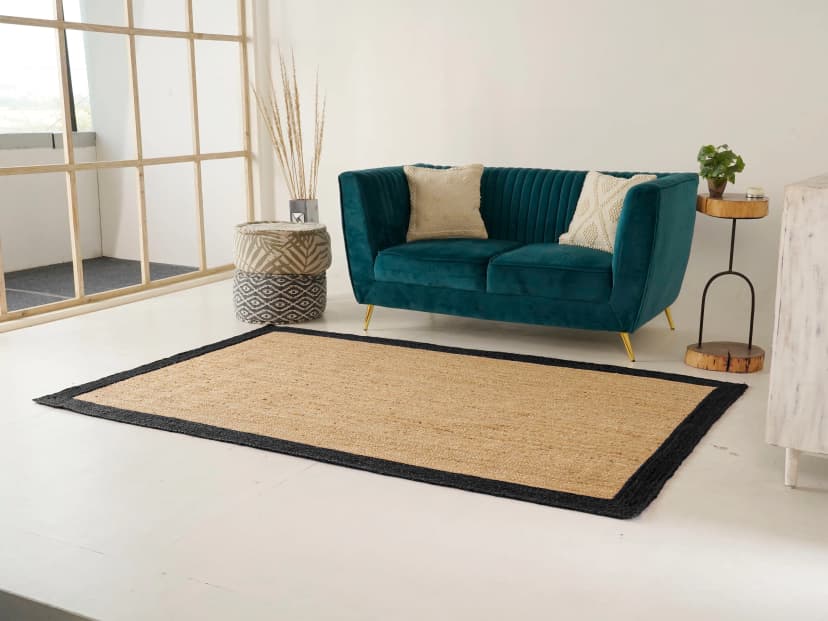 Hand Braided Rectangle Jute Rug Beige With Multicolor Border 