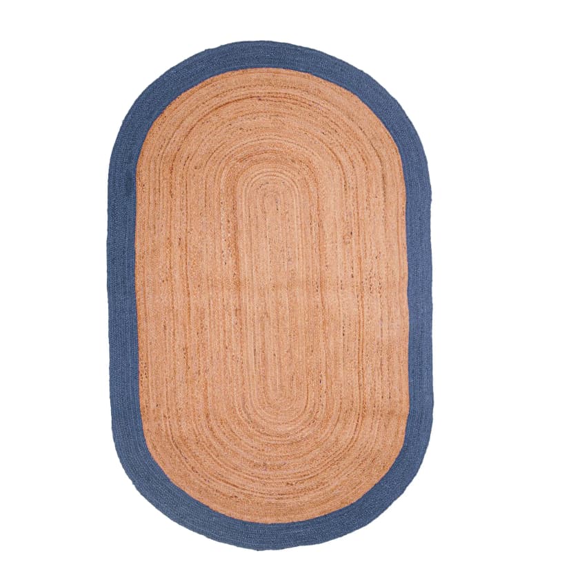 Hand Braided Natural Oval Jute Rug With Light Blue Color Border