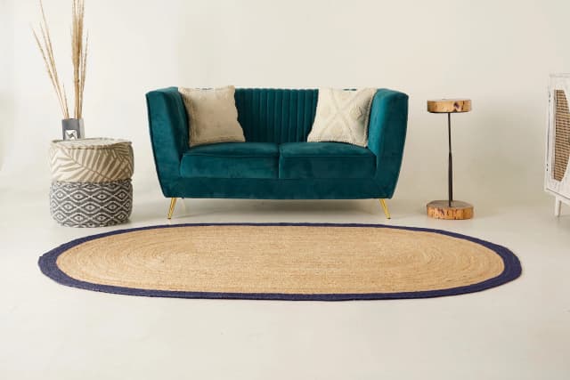 Hand Crafted Natural Oval Jute Rug With Navy Blue Color Boder 