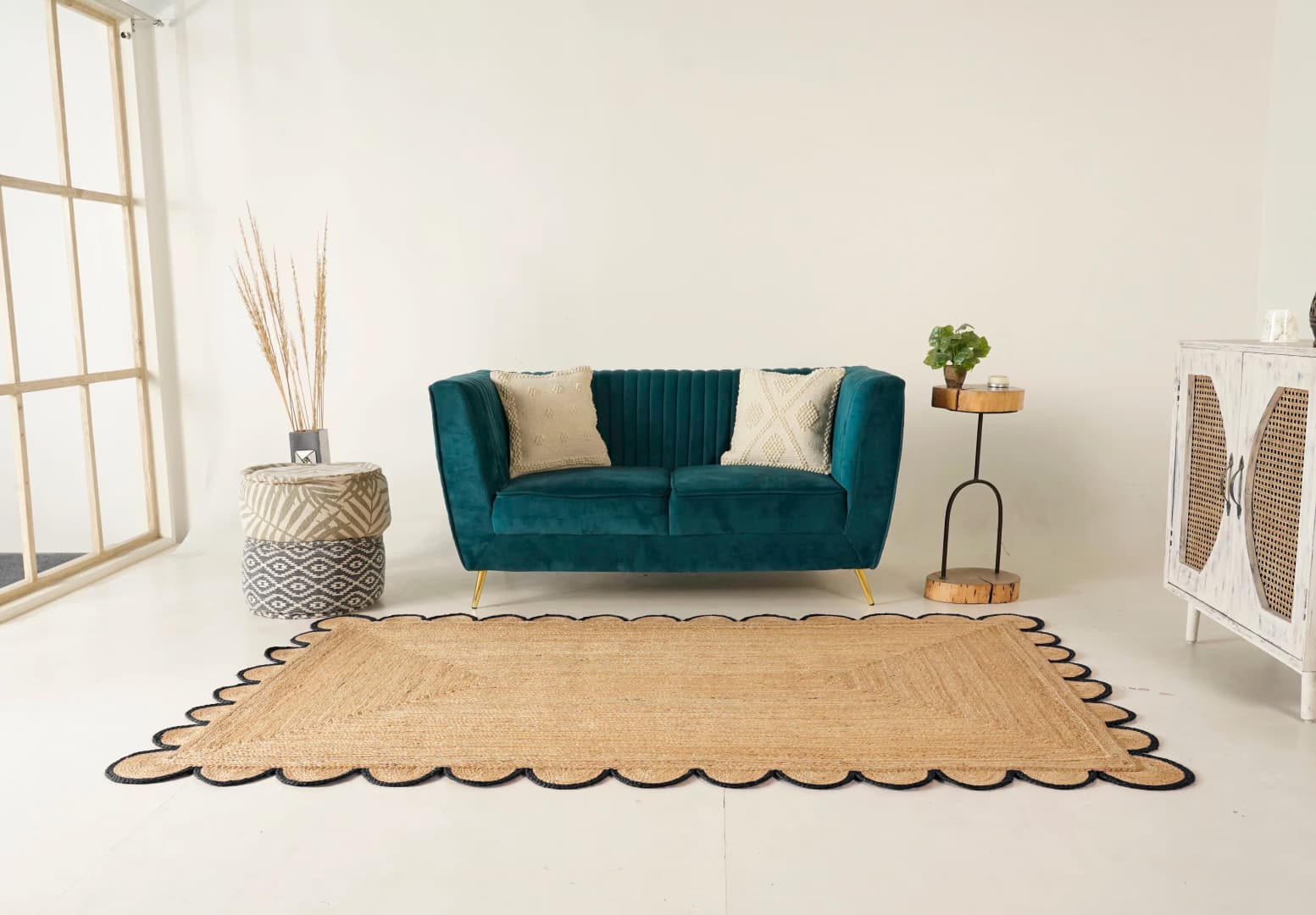 Indian Hand Braided Ractangle Jute Rug Beige With Multicolor Border 