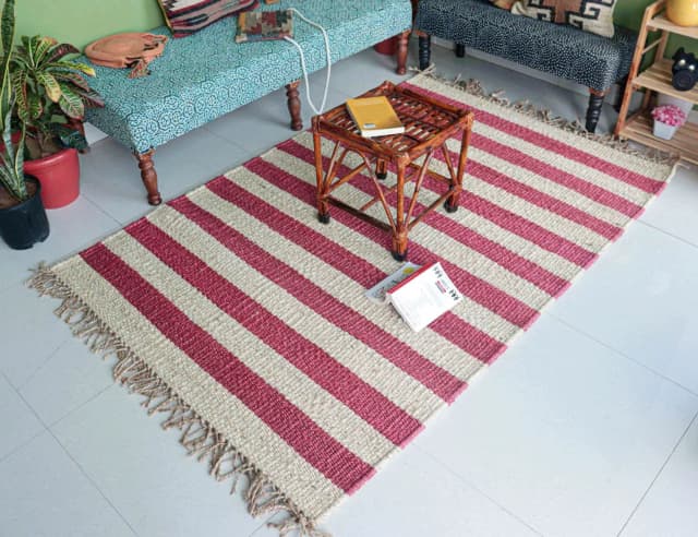 White Hemp Jute Rug With Red Stripes Line Decor Jute Rug Piece of two 2ft X 8ft