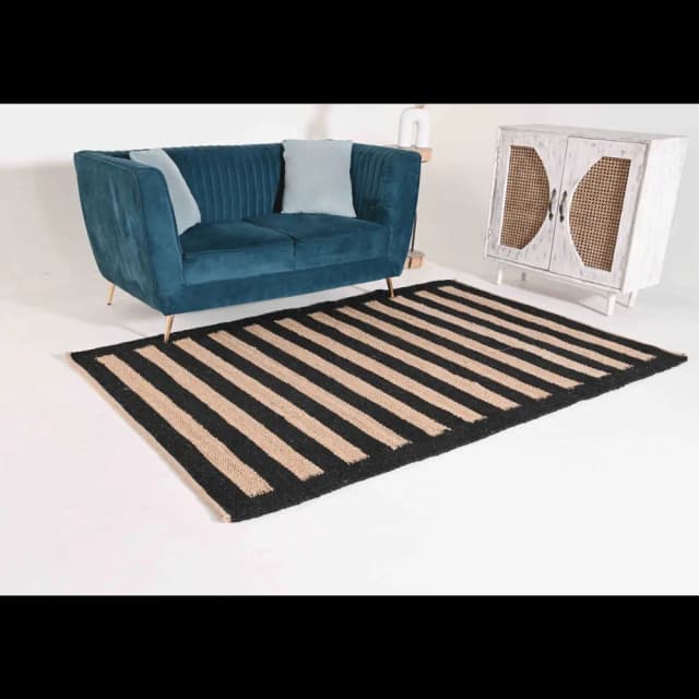 Custom Handmade Black Hemp Jute Rug with Beige Stripes