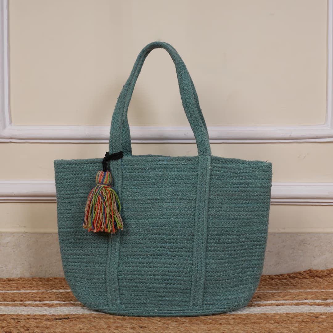 Permium Teal Jute Handwoven Tote Bag