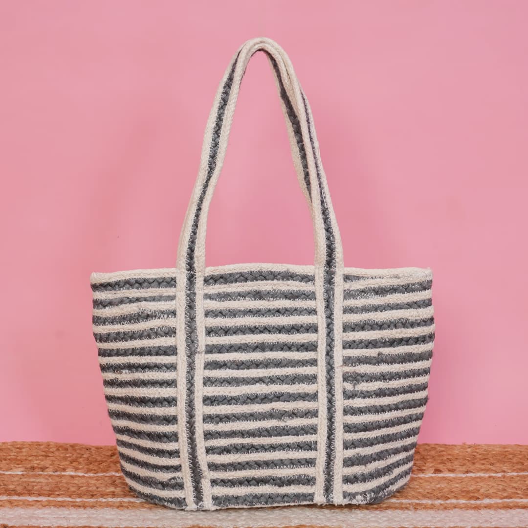 Chouhan Rugs Grey Ivory Striped Handwoven Tote Bag