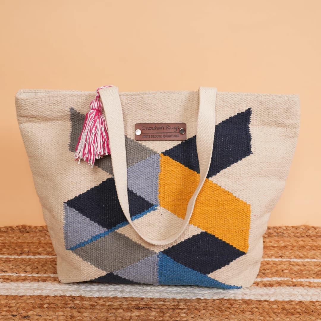 Handwoven Geometric Jute Tote Bag with Tassel