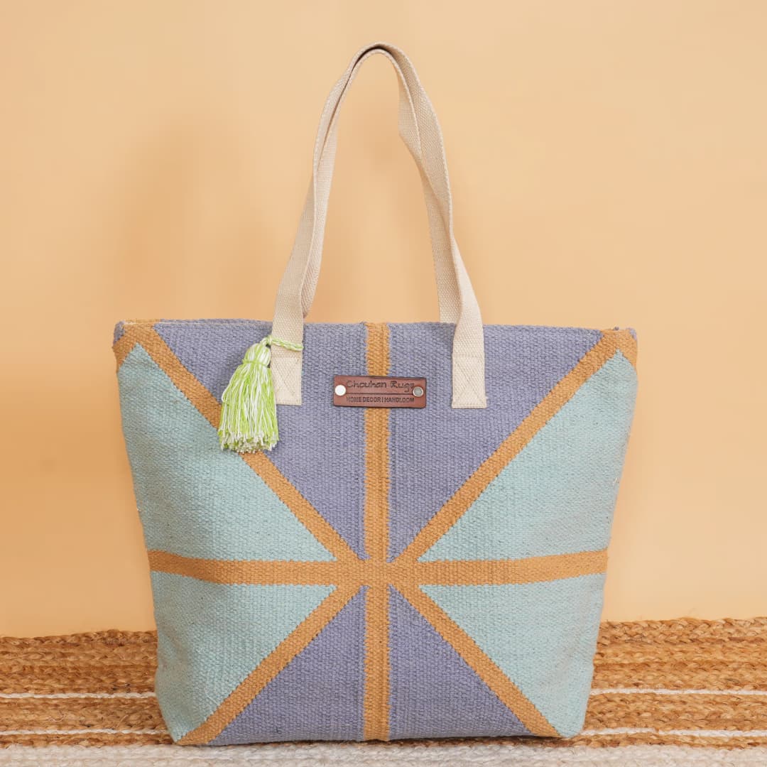 Handwoven Color Block Jute Tote Bag with Tassel