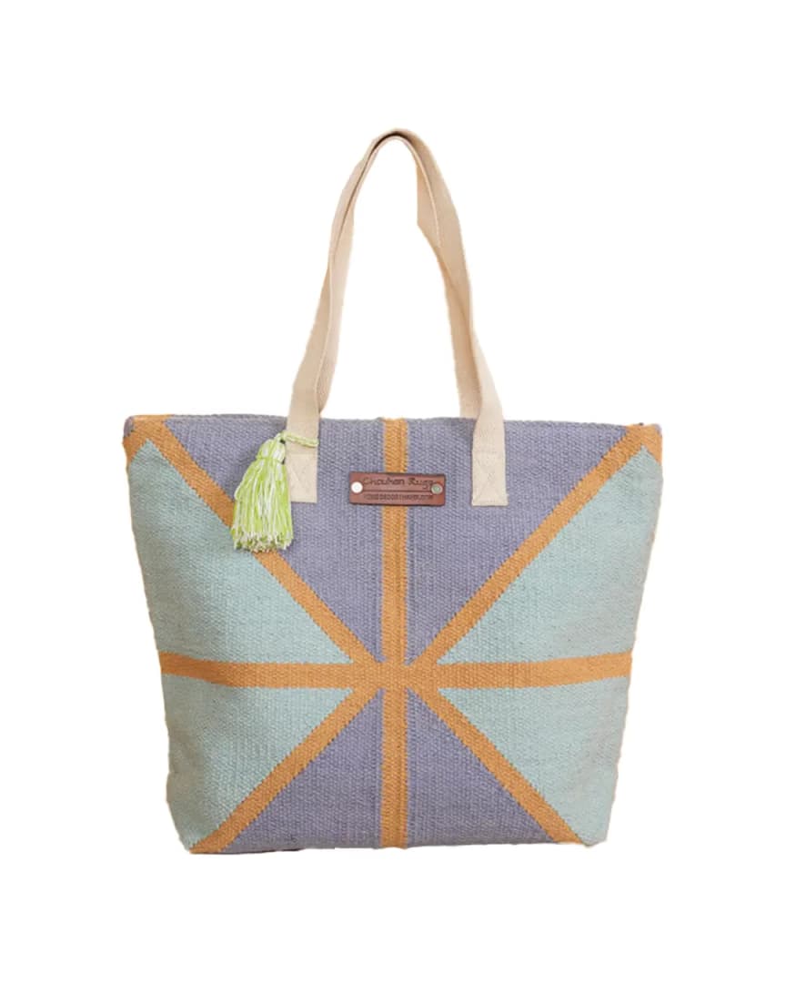 Handwoven Color Block Jute Tote Bag with Tassel