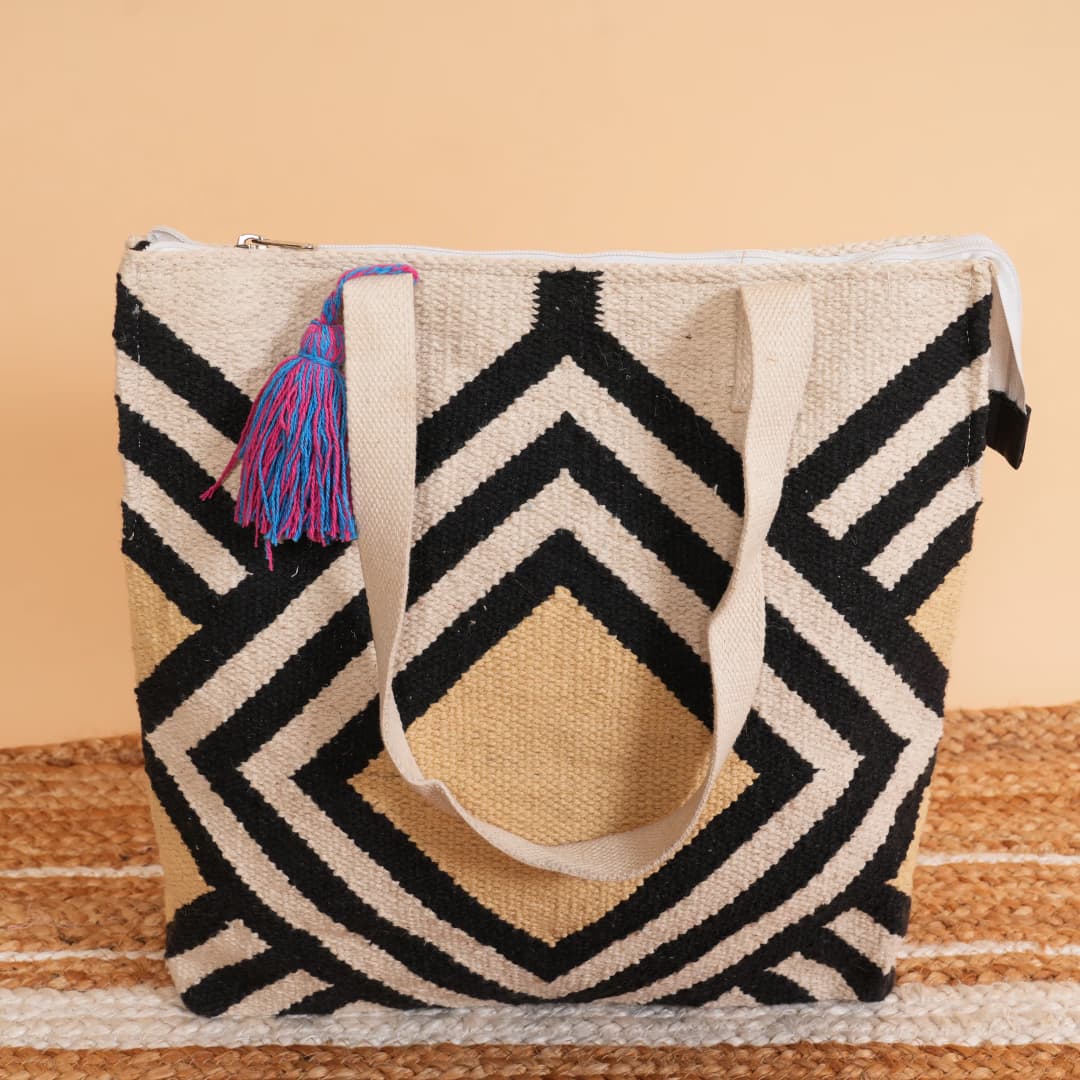 Handwoven Geometric Jute Tote Bag with Zipper