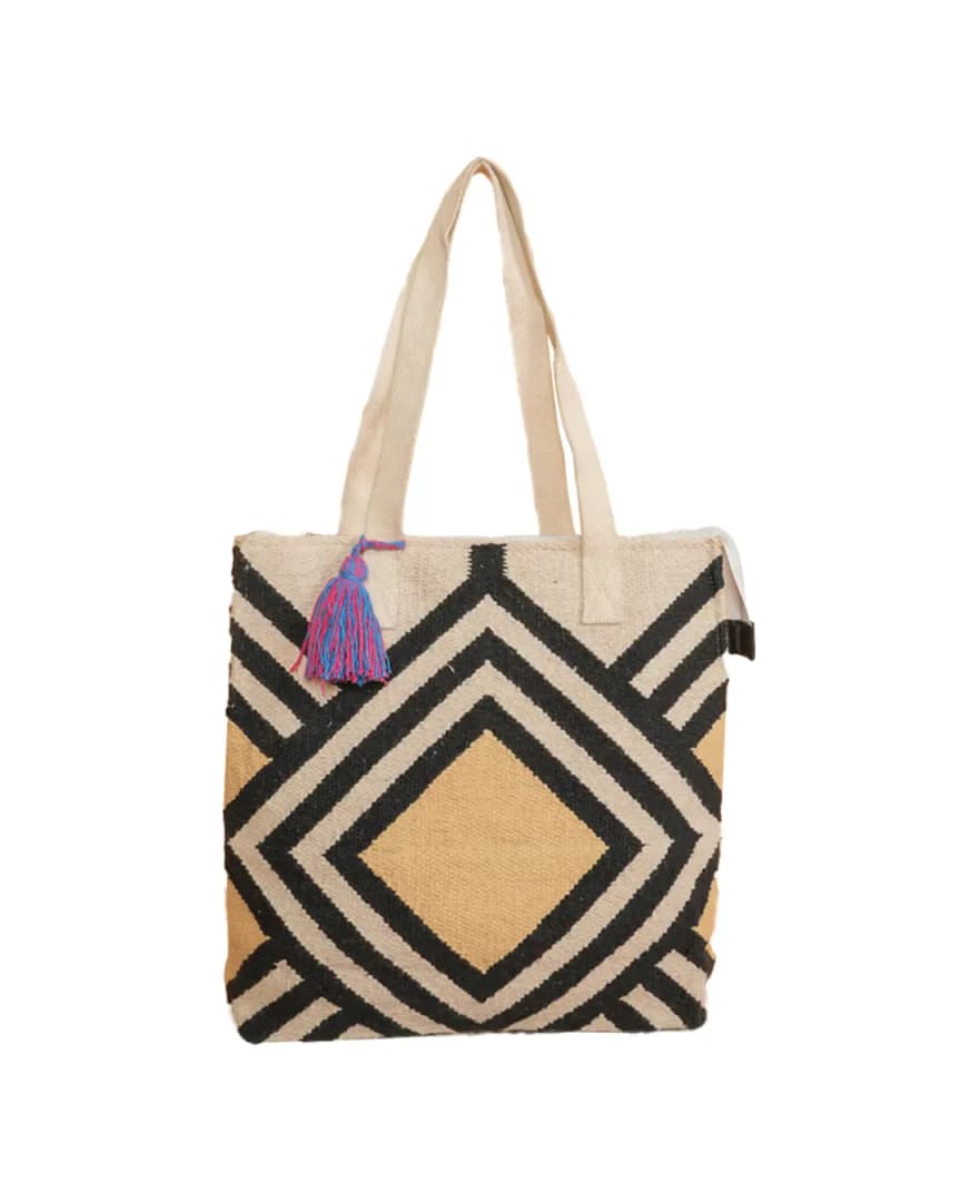 Handwoven Geometric Jute Tote Bag with Zipper