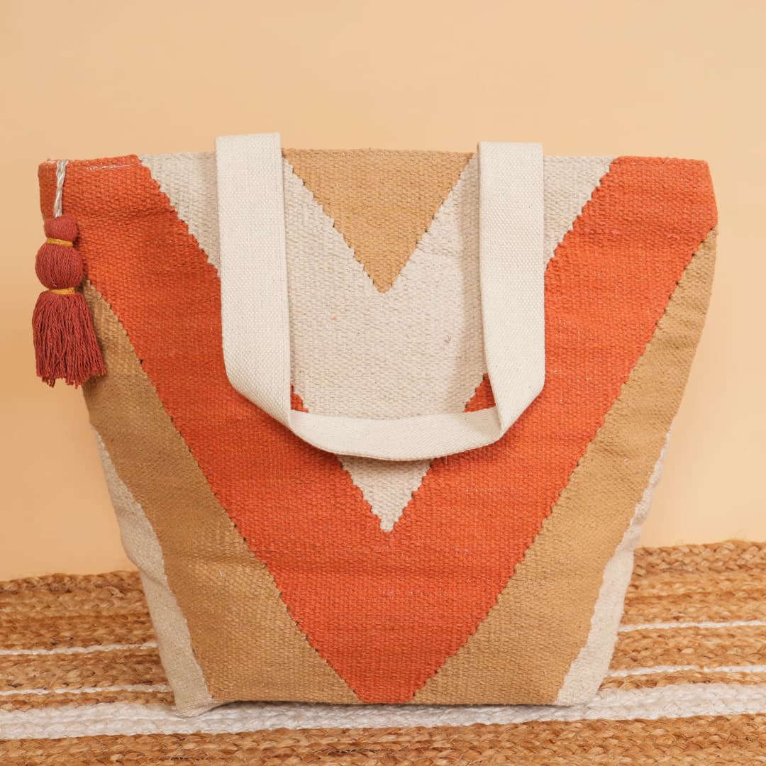 Handwoven Chevron Jute Tote Bag with Zipper