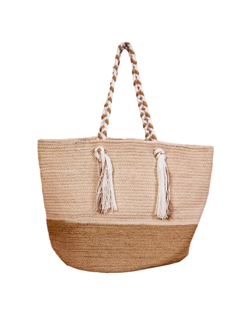 Handcrafted Jute Tote Bag with Natural Two Tone with Braided Handles