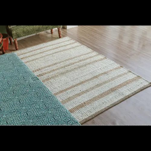 White with Beige Stripes Natural Jute Hemp Rug