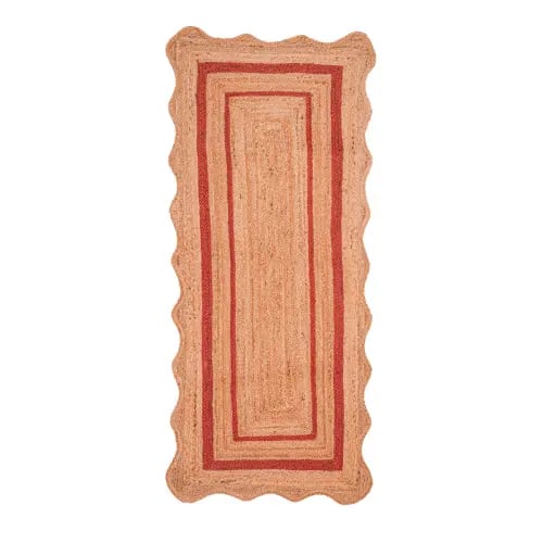 Scalloped Natural Jute Rug with Red Border