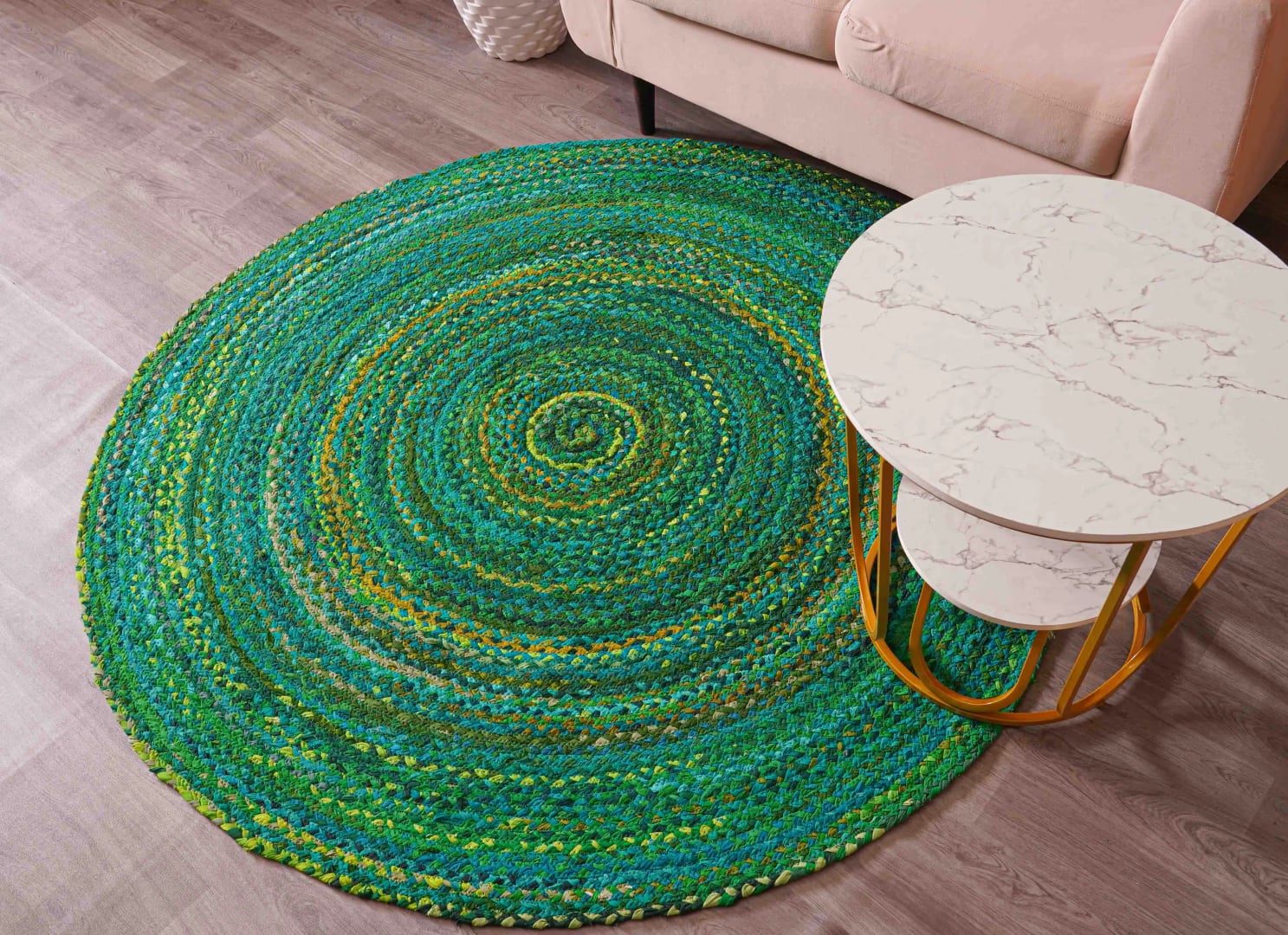 Green Cotton Handmade Round Rug