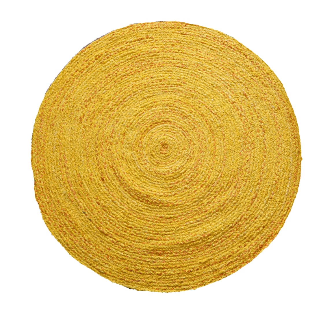 Indian Handwoven Yellow Cotton Round Chindi Rug