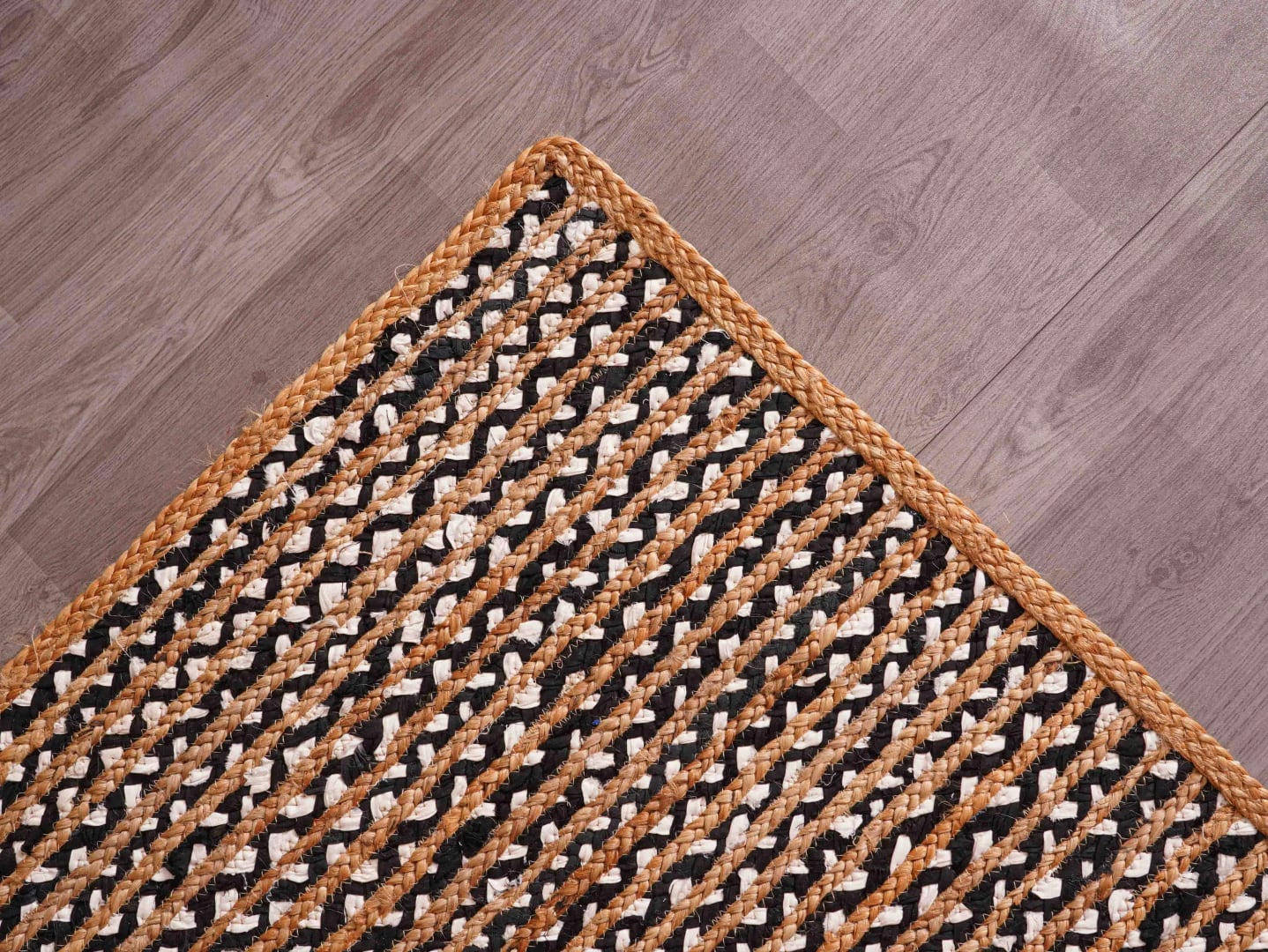 Natural Jute Hand Braided Runner Rug with Black and White Cotton