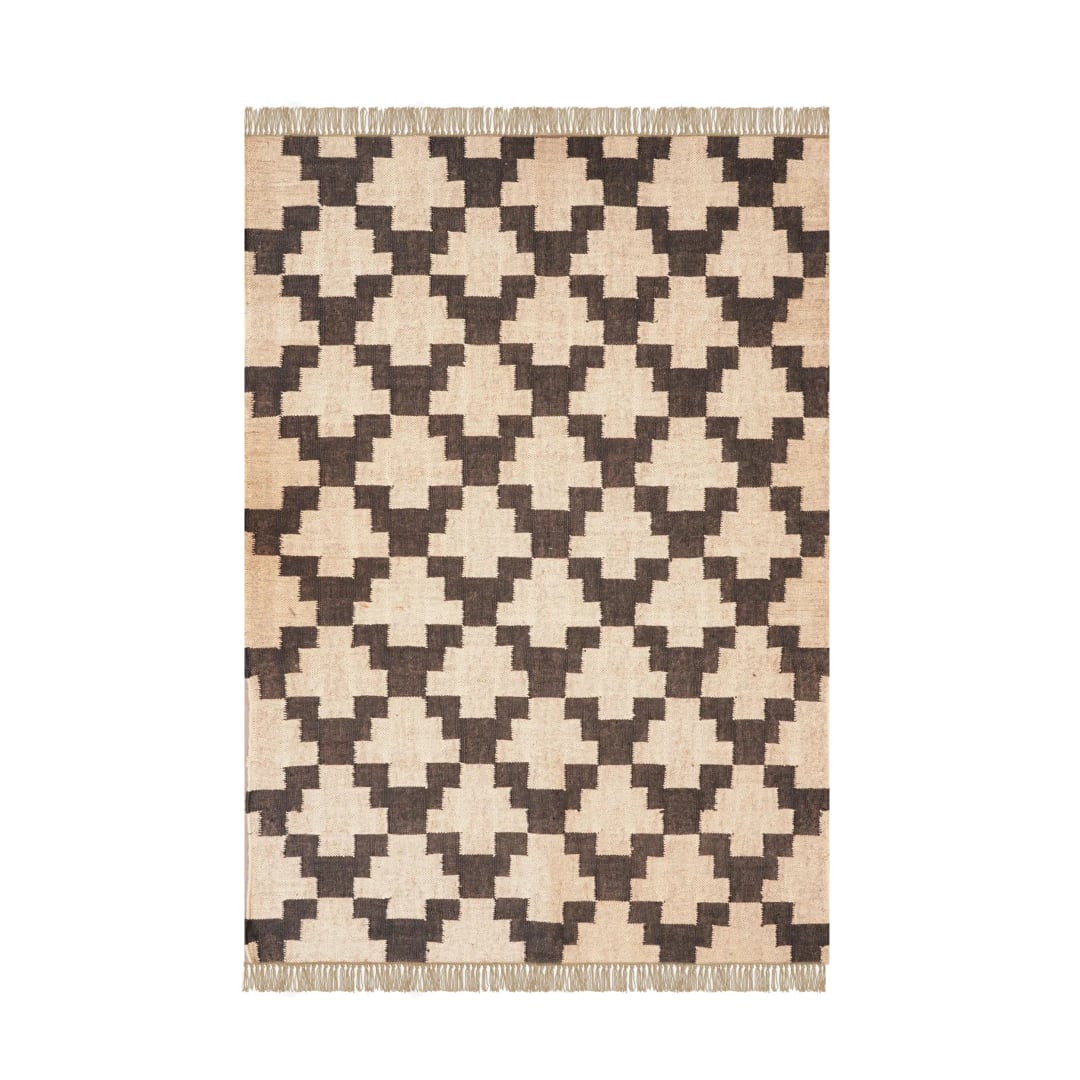 Off White with Black Design Handwoven Wool Jute Kilim Rug with Fringes Jute Rug Vintage Jute Area Rug For Living Home And Kitchen Decor Rug 