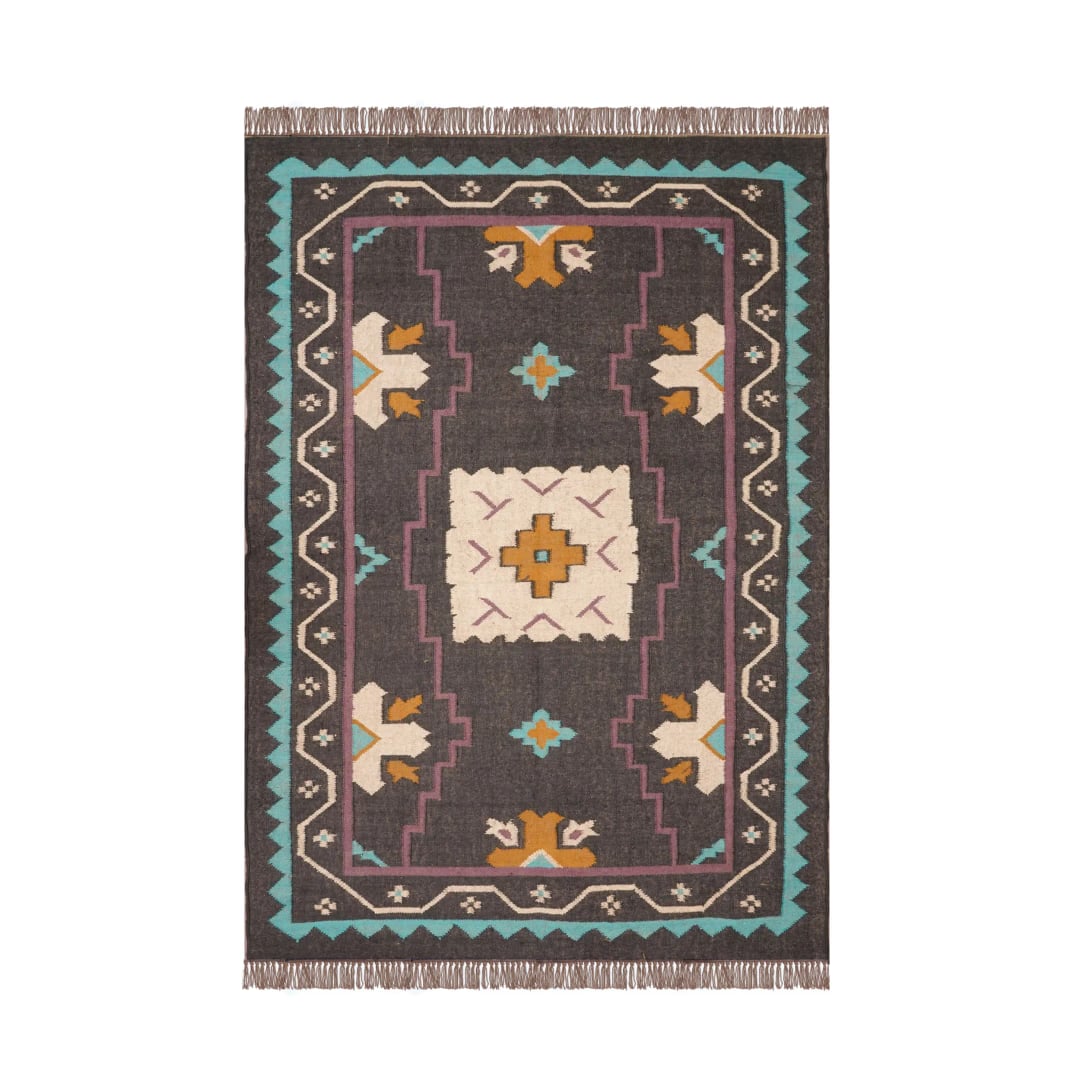 Indian Handwoven Bohemian Wool Jute Kilim Rug with Fringes Jute Rug Wool and Jute Rug Handmade Kilim Dhurrie Rug Traditional Indian jute Area rug