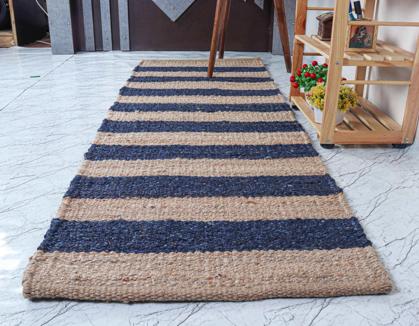 Indian Handmade Bohemian Beige with Navy Blue Stair Decor Jute Hemp Runner Rug Vintage Jute Area Rug Bohemian Hemp Runner Rug 