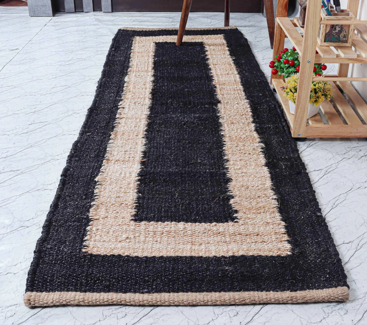 Indian Handloomed Custom Size Black Jute Hemp Runner Rug With Beige Border for Yoga Mat Large Dhurrie Rug Living Room Decor Rug 