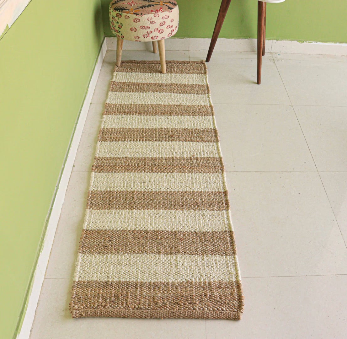 Indian Hand Loomed Hallway Beige Jute Hemp Runner Rug with White Stripes Line Decor Rug Living Room And Kitchen Decor Rug