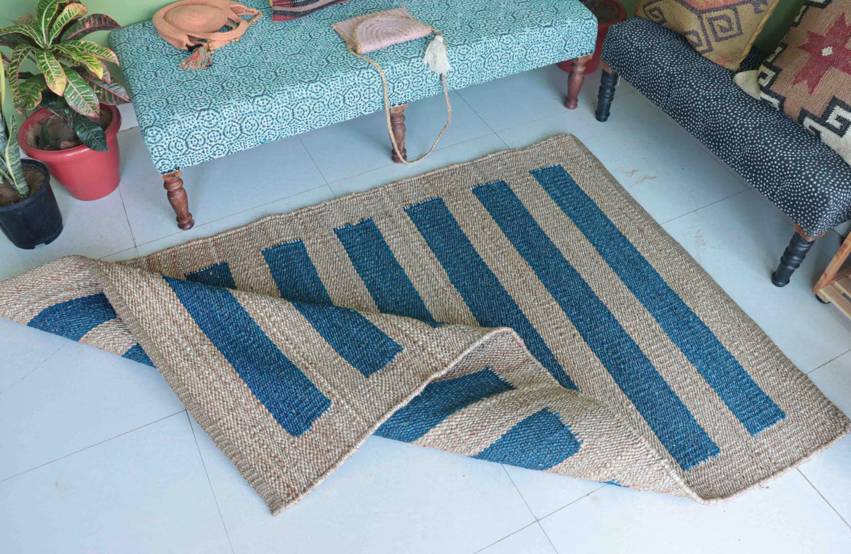 Custom Size Handwoven Beige with Blue Stripes Jute Hemp Rug for Living Room Area Bohemian Vintage Hemp Jute Rug Large Area Rug Traditional Rug 