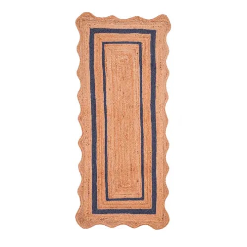 Hand Braided Wavy Edge Scalloped Natural Jute Runner Rug with Customize Color Border Rug 