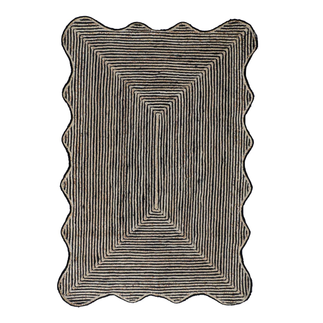 Eco Friendly Beige and Black Tie Dye Hand Braided Rectangle Jute Rug
